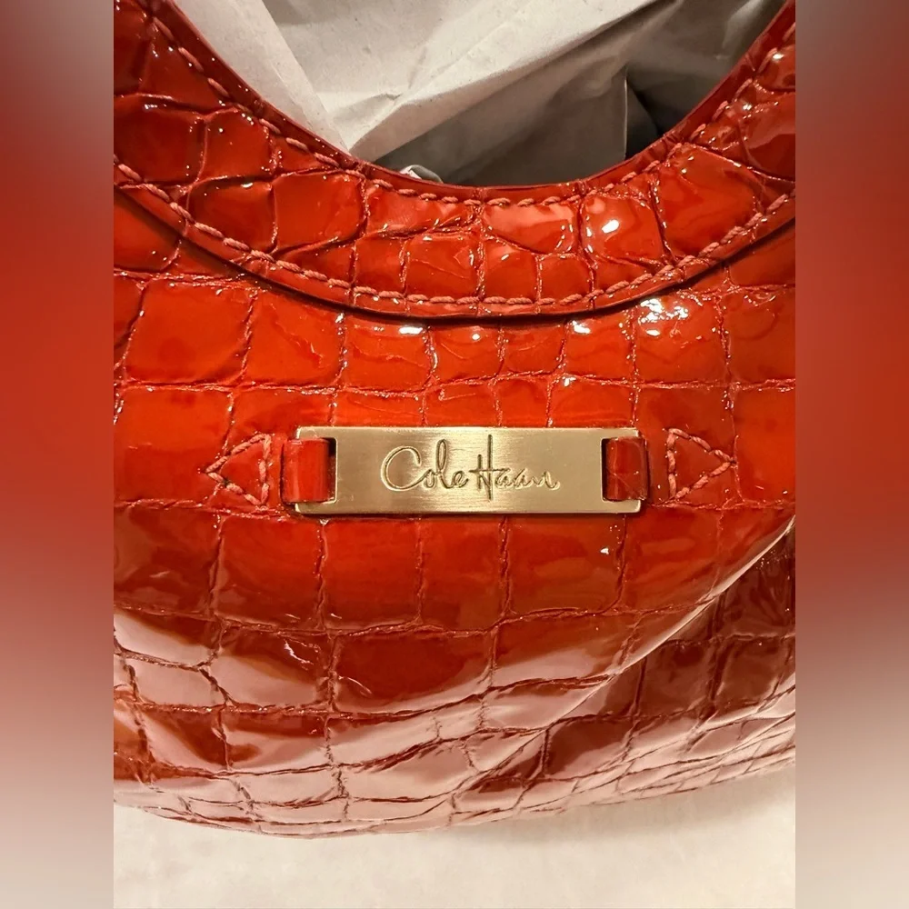 Cole Haan Red Croc-Embossed Patent Leather Hobo Shoulder Bag
